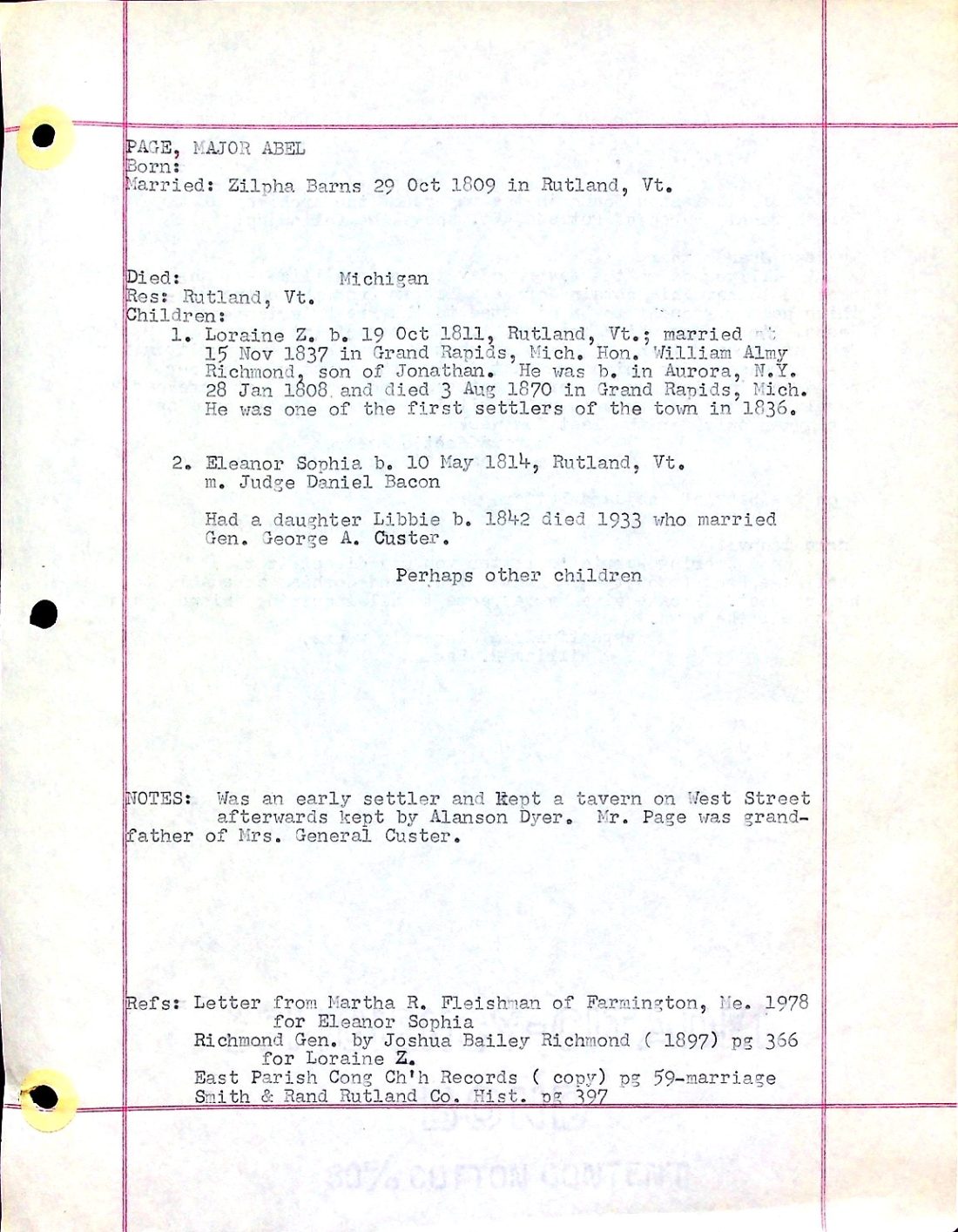 PAGE, Maj. Abel (d. Mich.) 1 BARNS BACON [Gen. Geo. Armstrong] CUSTER